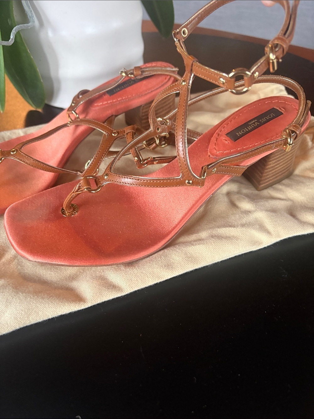 Louis Vuitton Coral and Tan T-Strap Sandals with Gold Hardware - Picture 6 of 12